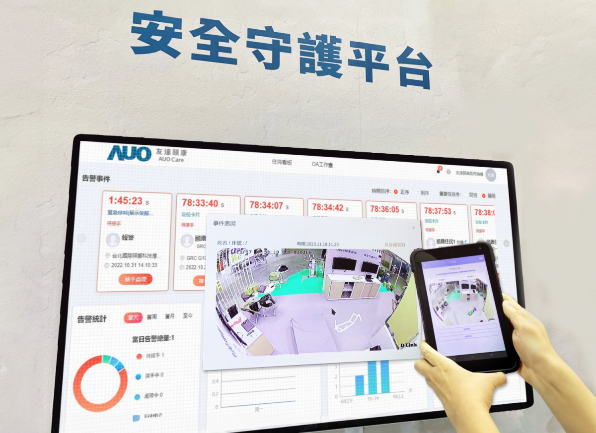 友達頤康整合軟硬體包含跌倒偵測、智慧床墊和緊急呼叫管理等，透過安全守護平台進行IoT設備統一監控與管理，提供長照場域落實安全守護方案